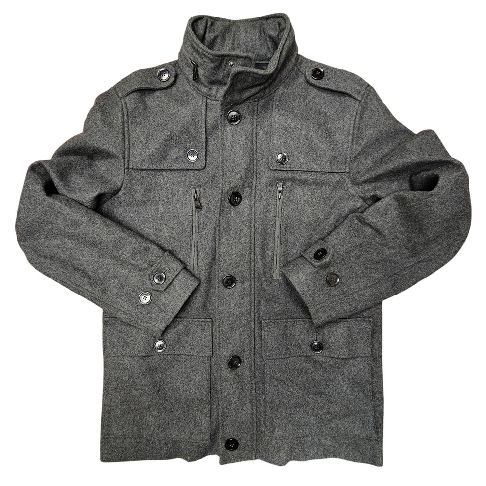 Express Mens Gray Wool Blend Military Field Jacket Coat Hidden Hood Size Medium